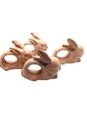 Spring Easter Bunny Napkin Rings Set of 4 Rustic Whitewash Rabbit Textured Clay